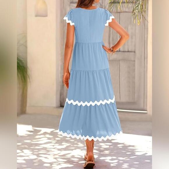 NWT BTFBM V Neck Cap Sleeve RIC Rac Loose Tiered A-Line Midi Dress, XXL - Picture 2 of 3